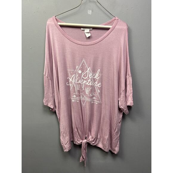 Caution To The Wind Graphic Blouse Womens Plus 3X‎ Pink Short Sleeve Front Knot - Picture 1 of 6
